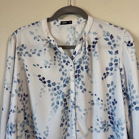 Boho Chic Floral Button Up Top Sz 3XL Long Sleeve Blue White Cottage Bloom - Picture 3 of 7